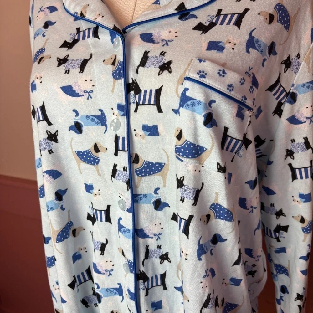 Cozy Soft Lounge Dog in Sweaters Blue Women's Pajama Top Large karen neuburger